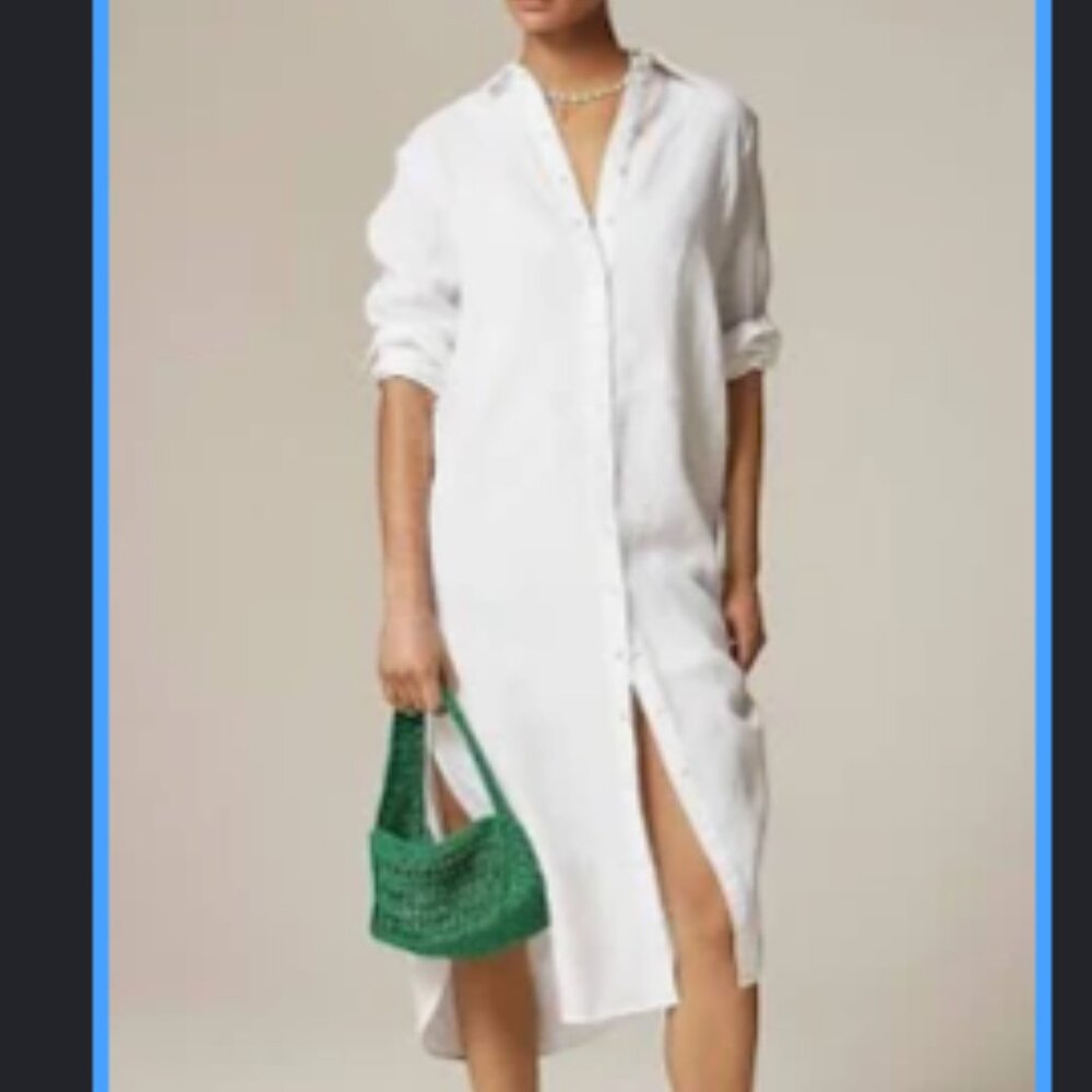 J.Crew White Long Linen Shirt-Dress Maxi - Large (New Without Tags )